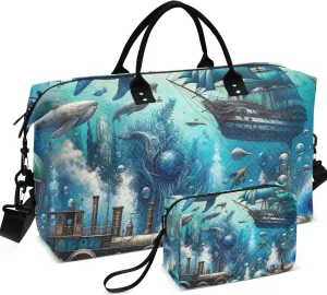 Fantasy Vintage Ocean Lives Duffel Bag Womens Cosmetic Bags Set of 2, Prints Womens Sports Dance Bag Weekender Bags