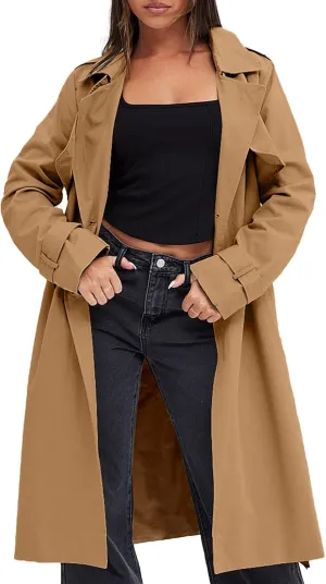 Fisoew Women's Double Breasted Trench Coats Causal Windproof Long Lapel Pocketed Overcoat with Belt
