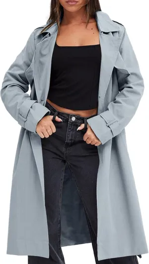 Fisoew Women's Double Breasted Trench Coats Causal Windproof Long Lapel Pocketed Overcoat with Belt
