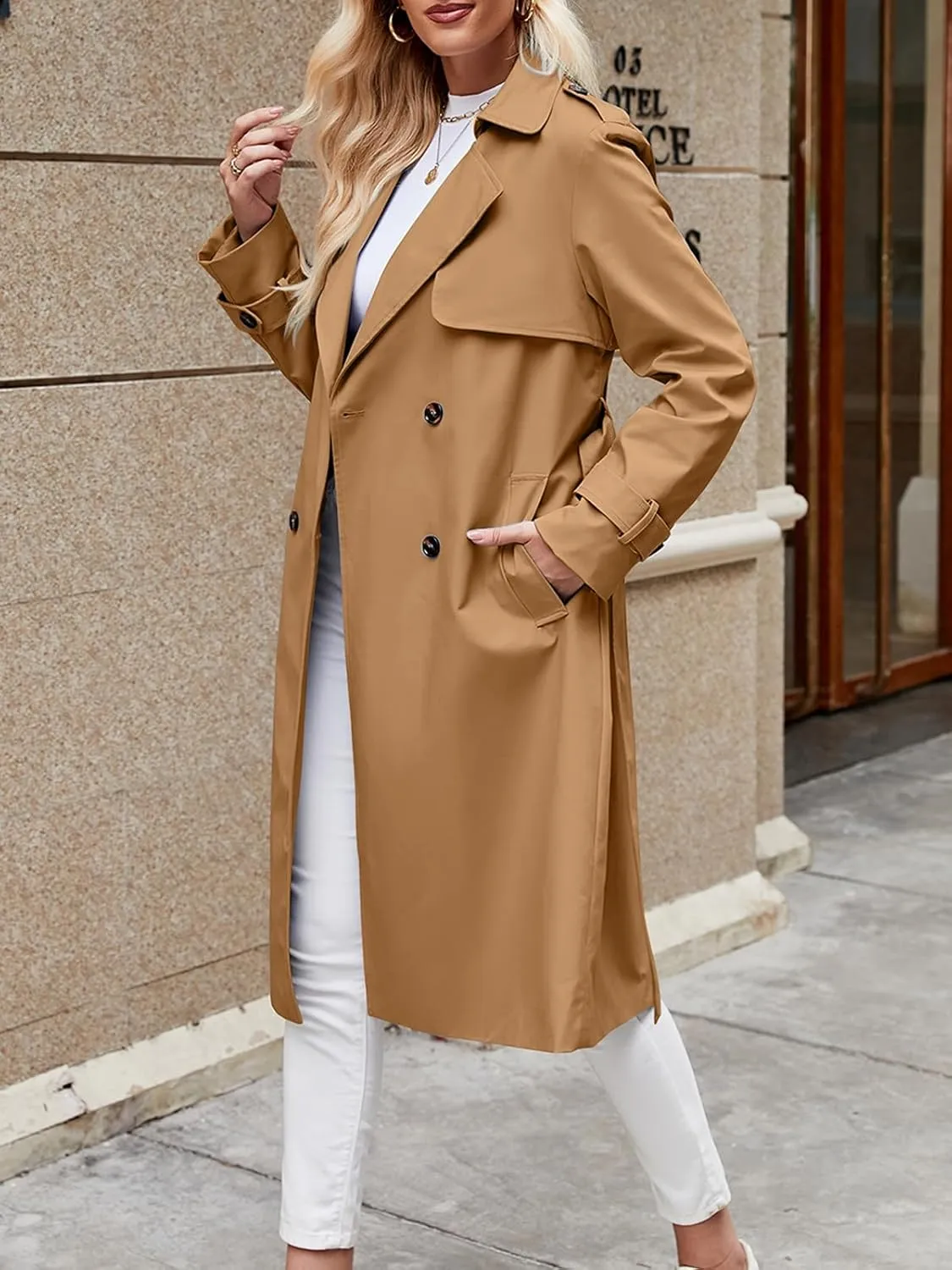 Fisoew Women's Double Breasted Trench Coats Causal Windproof Long Lapel Pocketed Overcoat with Belt