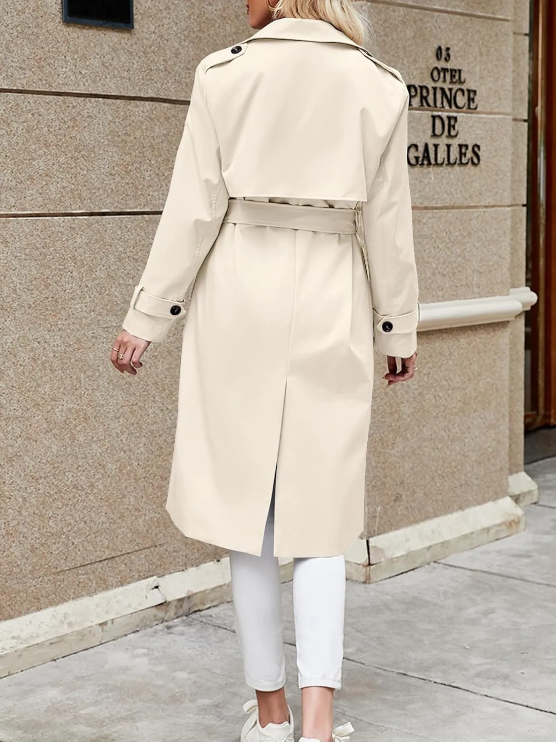 Fisoew Women's Double Breasted Trench Coats Causal Windproof Long Lapel Pocketed Overcoat with Belt