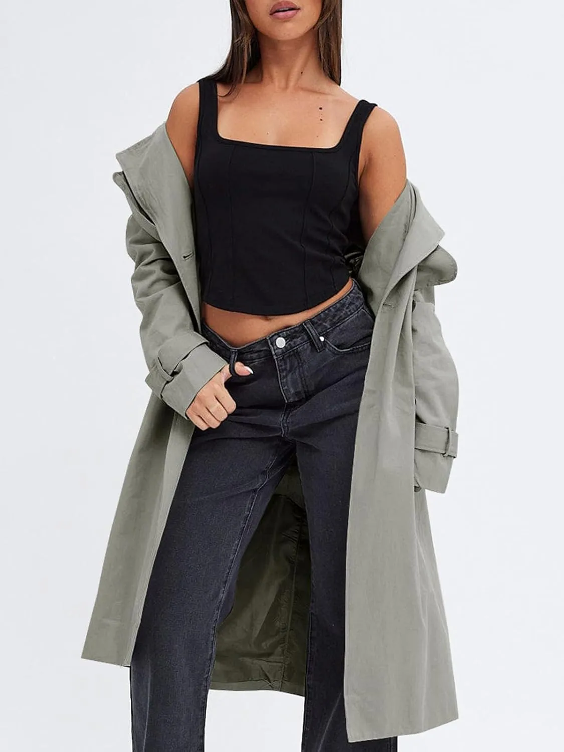 Fisoew Women's Double Breasted Trench Coats Causal Windproof Long Lapel Pocketed Overcoat with Belt