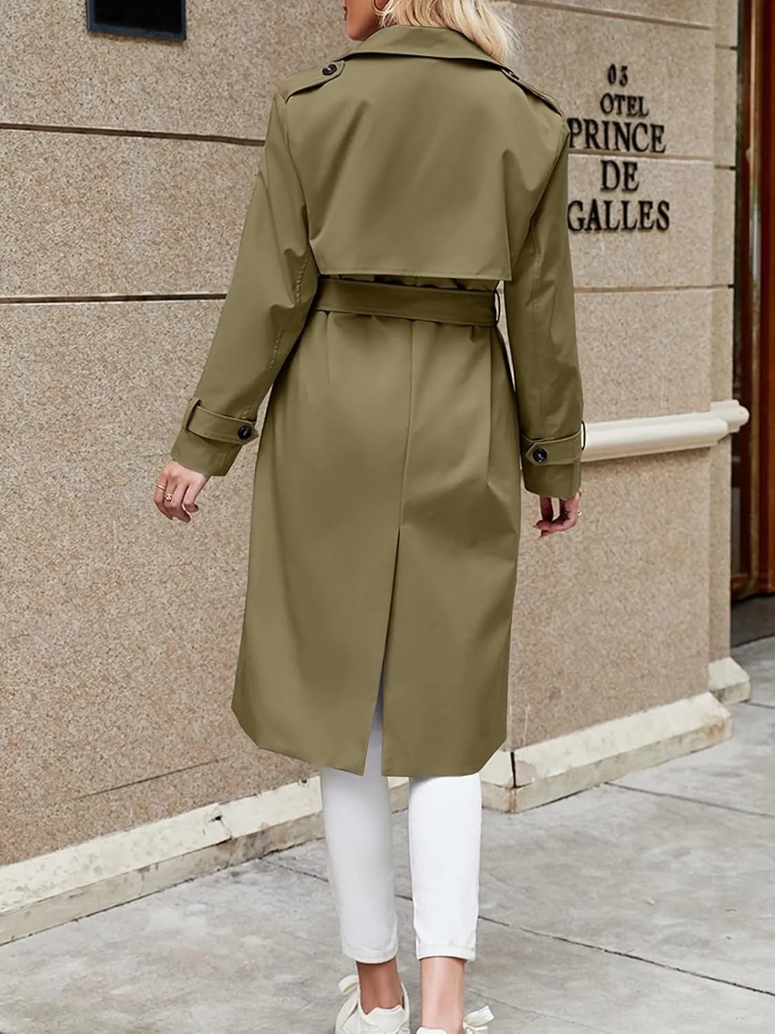 Fisoew Women's Double Breasted Trench Coats Causal Windproof Long Lapel Pocketed Overcoat with Belt