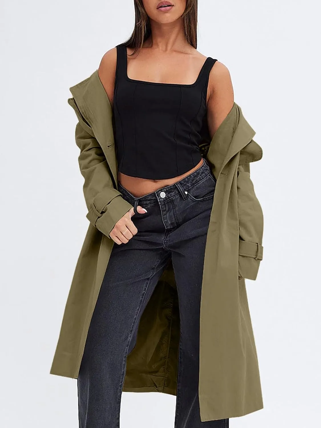 Fisoew Women's Double Breasted Trench Coats Causal Windproof Long Lapel Pocketed Overcoat with Belt