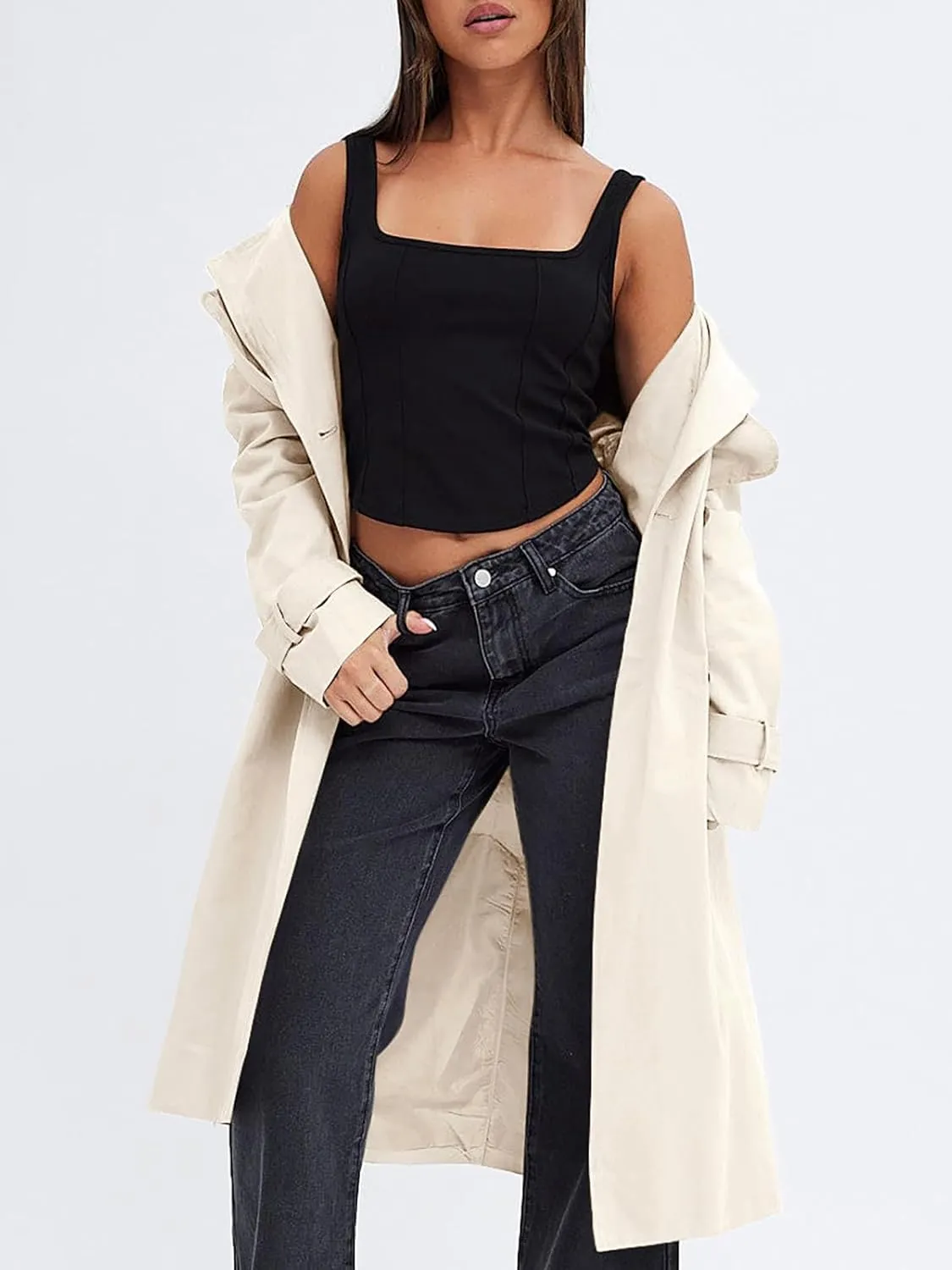 Fisoew Women's Double Breasted Trench Coats Causal Windproof Long Lapel Pocketed Overcoat with Belt