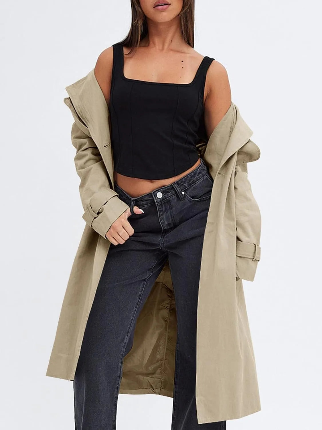 Fisoew Women's Double Breasted Trench Coats Causal Windproof Long Lapel Pocketed Overcoat with Belt