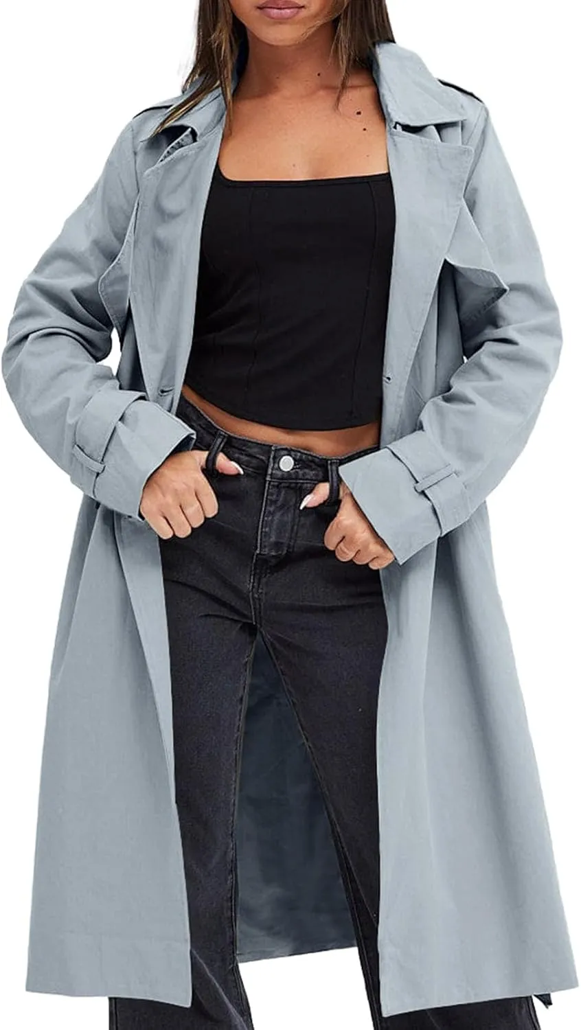 Fisoew Women's Double Breasted Trench Coats Causal Windproof Long Lapel Pocketed Overcoat with Belt