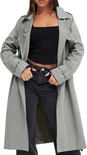 Fisoew Women's Double Breasted Trench Coats Causal Windproof Long Lapel Pocketed Overcoat with Belt