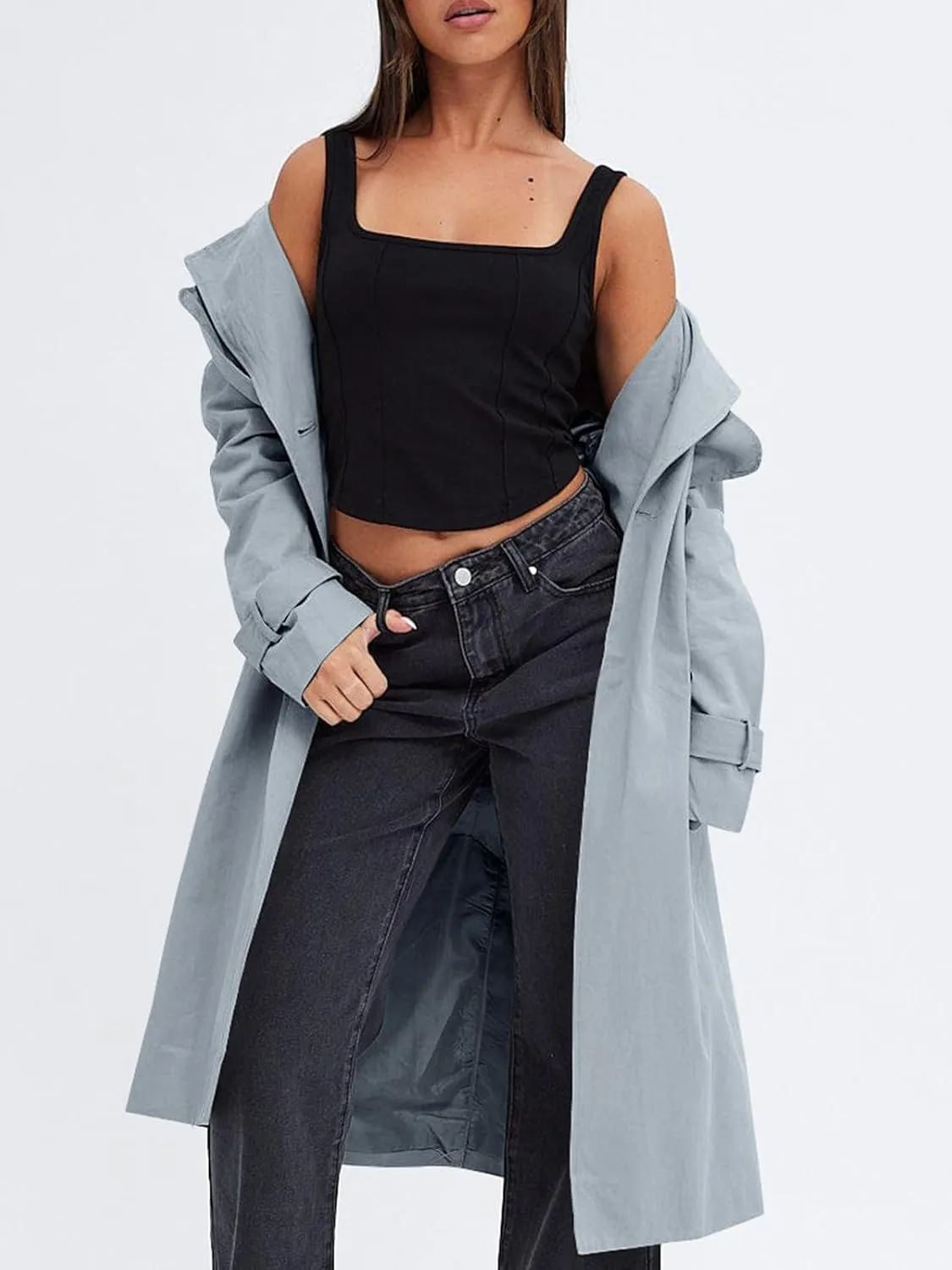 Fisoew Women's Double Breasted Trench Coats Causal Windproof Long Lapel Pocketed Overcoat with Belt