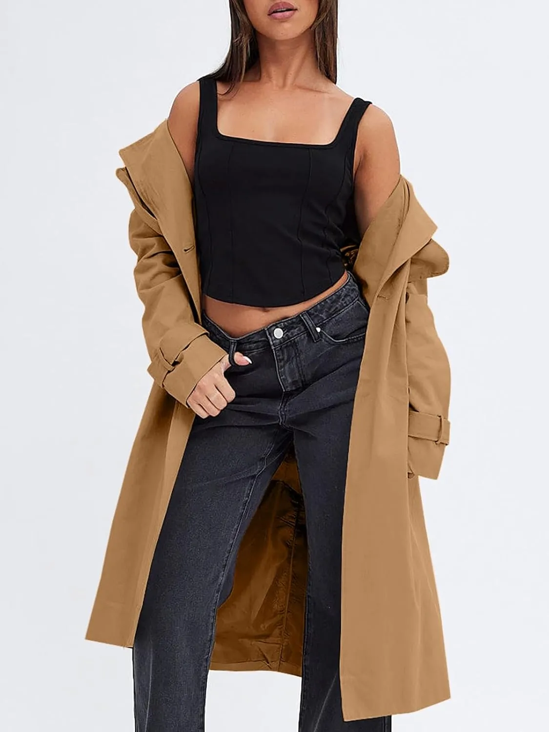 Fisoew Women's Double Breasted Trench Coats Causal Windproof Long Lapel Pocketed Overcoat with Belt