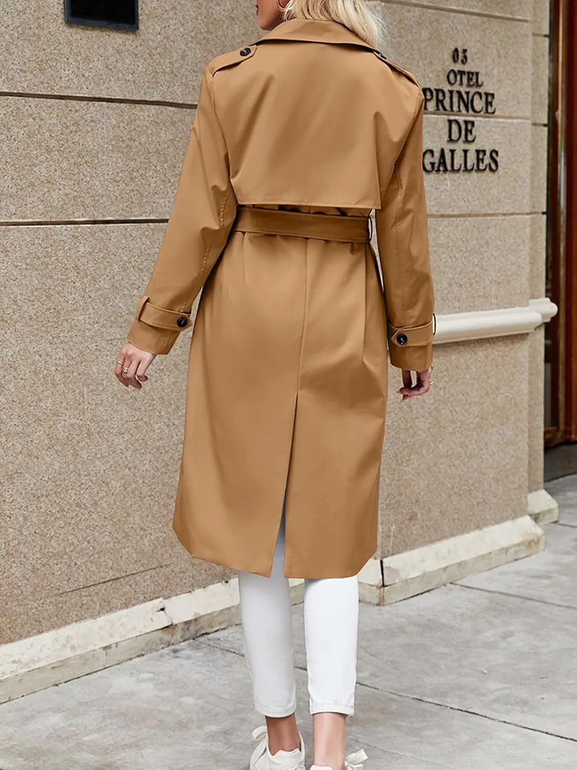 Fisoew Women's Double Breasted Trench Coats Causal Windproof Long Lapel Pocketed Overcoat with Belt