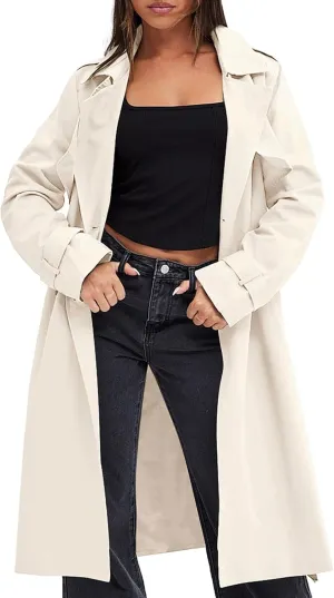 Fisoew Women's Double Breasted Trench Coats Causal Windproof Long Lapel Pocketed Overcoat with Belt