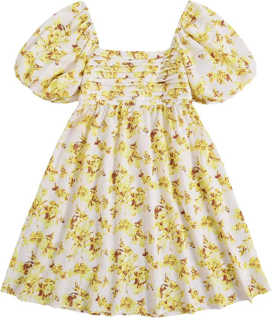 Floerns Women's Floral Print Bubble Sleeve Dress Square Neck Holiday A Line Mini Dresses