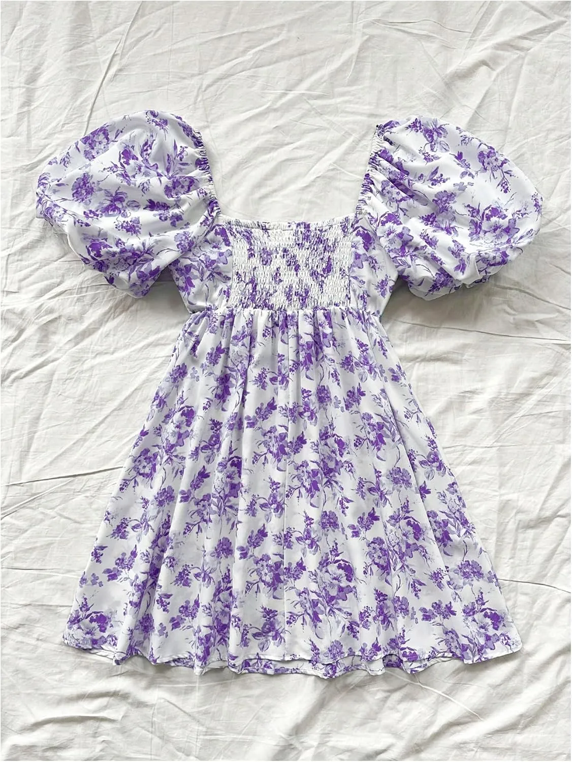 Floerns Women's Floral Print Bubble Sleeve Dress Square Neck Holiday A Line Mini Dresses