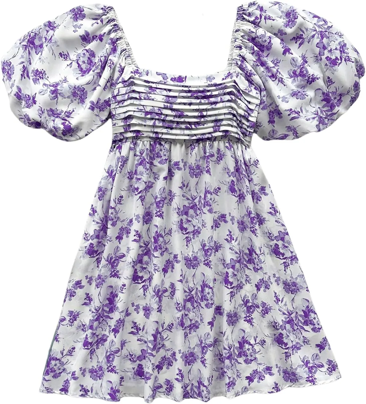 Floerns Women's Floral Print Bubble Sleeve Dress Square Neck Holiday A Line Mini Dresses