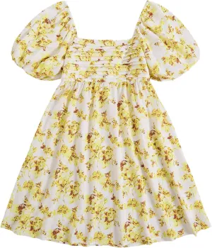 Floerns Women's Floral Print Bubble Sleeve Dress Square Neck Holiday A Line Mini Dresses