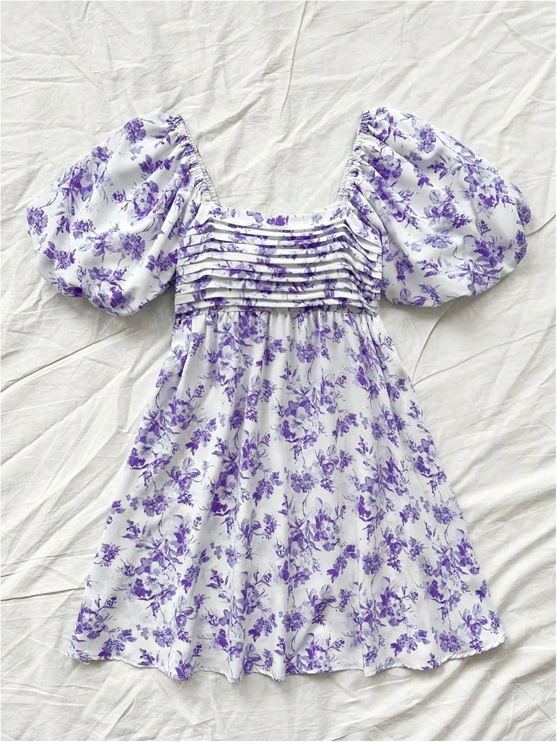 Floerns Women's Floral Print Bubble Sleeve Dress Square Neck Holiday A Line Mini Dresses