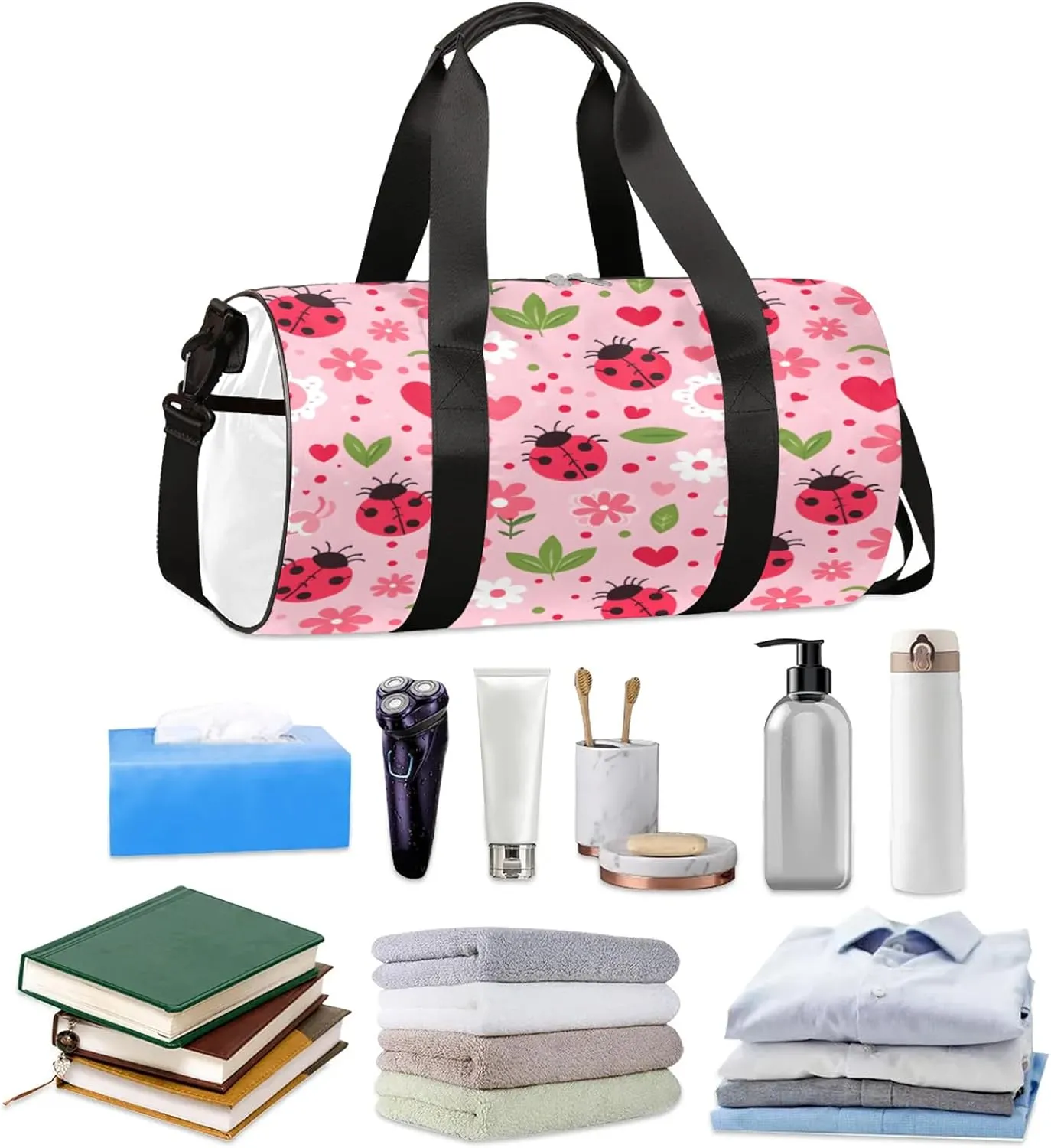 Floral Ladybugs Sports Gym Bag for Men Women Lightweight Travel Duffle Bag with Shoulder Strap Waterproof Carry On Weekender Overnight Bag for Travel Sports Gym