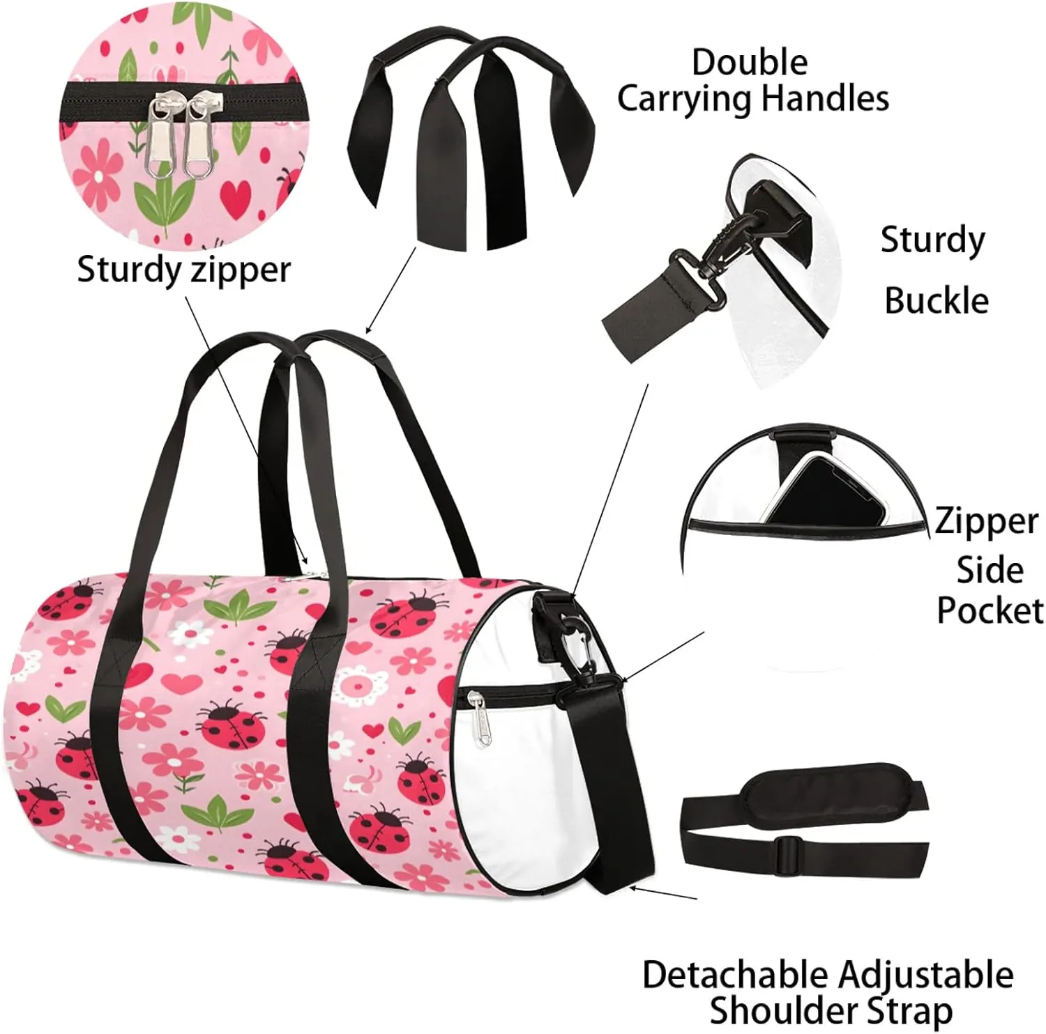 Floral Ladybugs Sports Gym Bag for Men Women Lightweight Travel Duffle Bag with Shoulder Strap Waterproof Carry On Weekender Overnight Bag for Travel Sports Gym