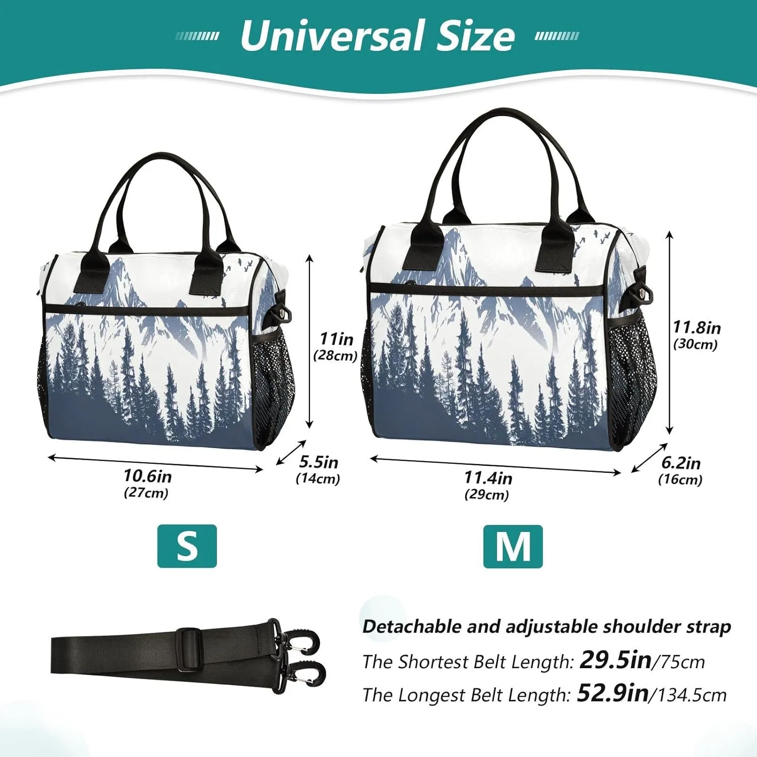 Flying Bird Black and White Mountain Range Lunch Bag Women & Men,Leakproof Reusable Insulated Lunch Box Portable Cooler with Adjustable Shoulder Strap for Travel Work Picnic