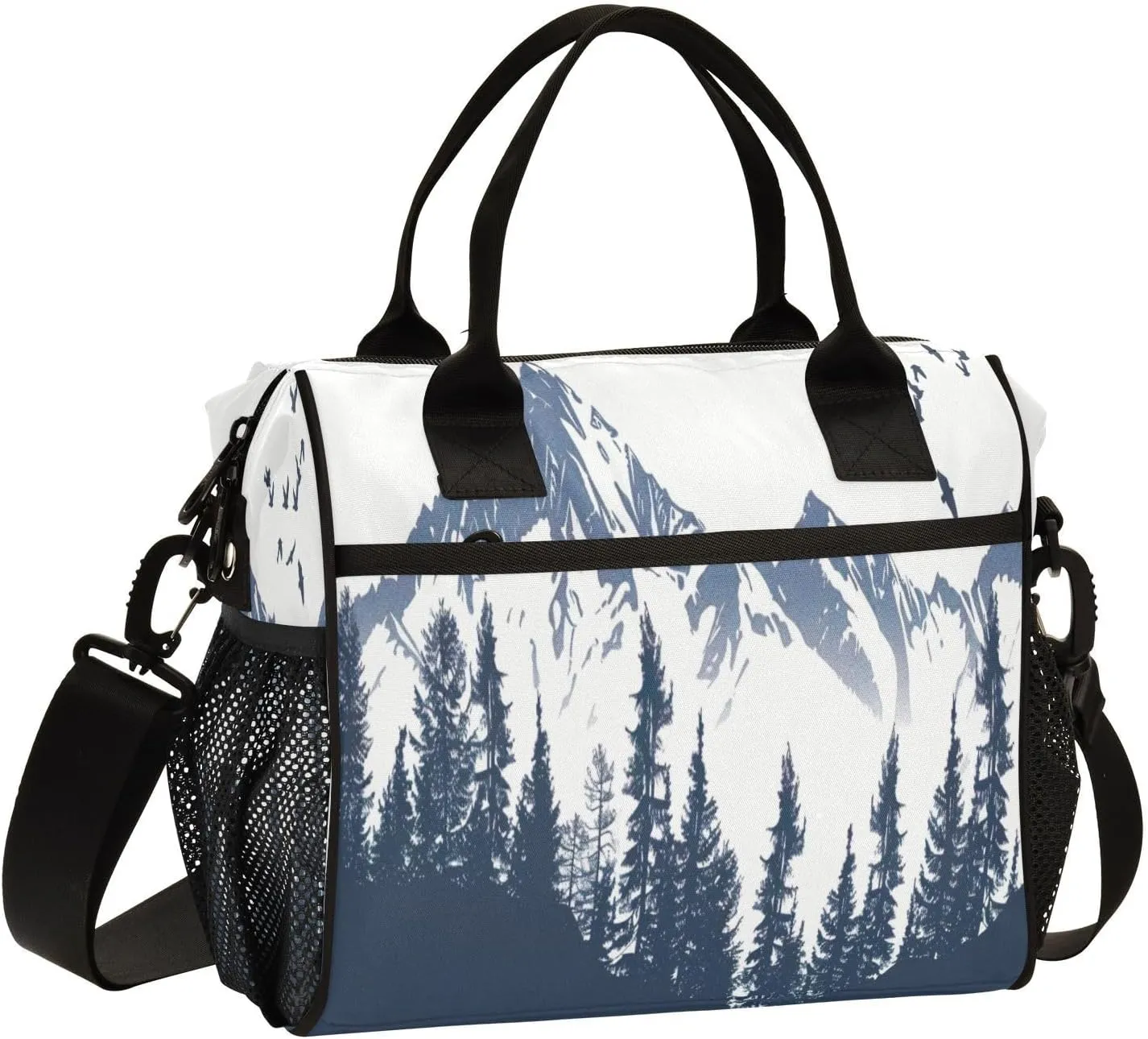 Flying Bird Black and White Mountain Range Lunch Bag Women & Men,Leakproof Reusable Insulated Lunch Box Portable Cooler with Adjustable Shoulder Strap for Travel Work Picnic