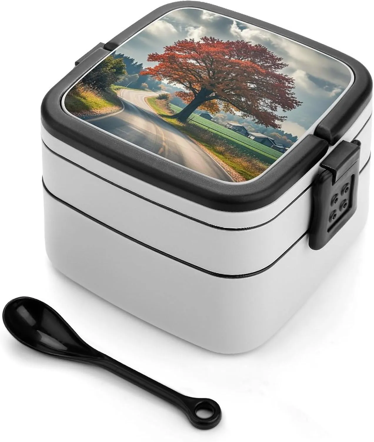 Forest Rural Roads Bento Box Double-Layer Bento Lunch Container with Spoon And Invisible Handle Adult Leak-Proof Lunchbox for Dining Out Work Picnics Travel