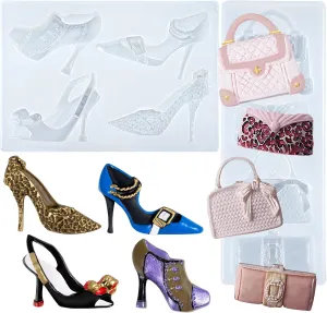 Funshowcase Handbag Clutch Bags Purses and High-heel Shoe Silicone Candy Mold for Cake Decoration, Cupcake Decorate, Polymer Clay, Crafting