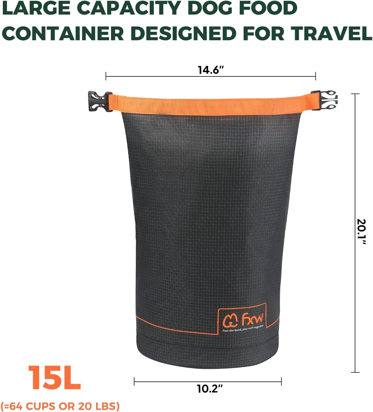 FXW Dog Food Travel Bag，Large Capacity for Travel Kibble Storage Perfect for RV Road Trips, Camping, Longterm Dog Boarding Gear Accessories Gray, 64 Cups