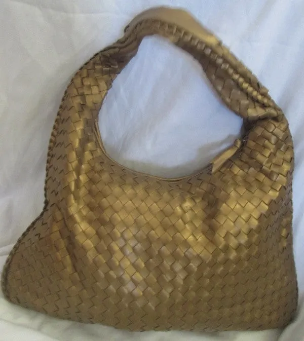 GIANNINI Woven Faux Leather Vegan Handbag Satchel Hobo Bag GOLD METALLIC