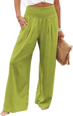 GLIENST Womens Linen Wide Leg Palazzo Pants High Waisted Smocked Lounge Trousers with Pockets S-2XL