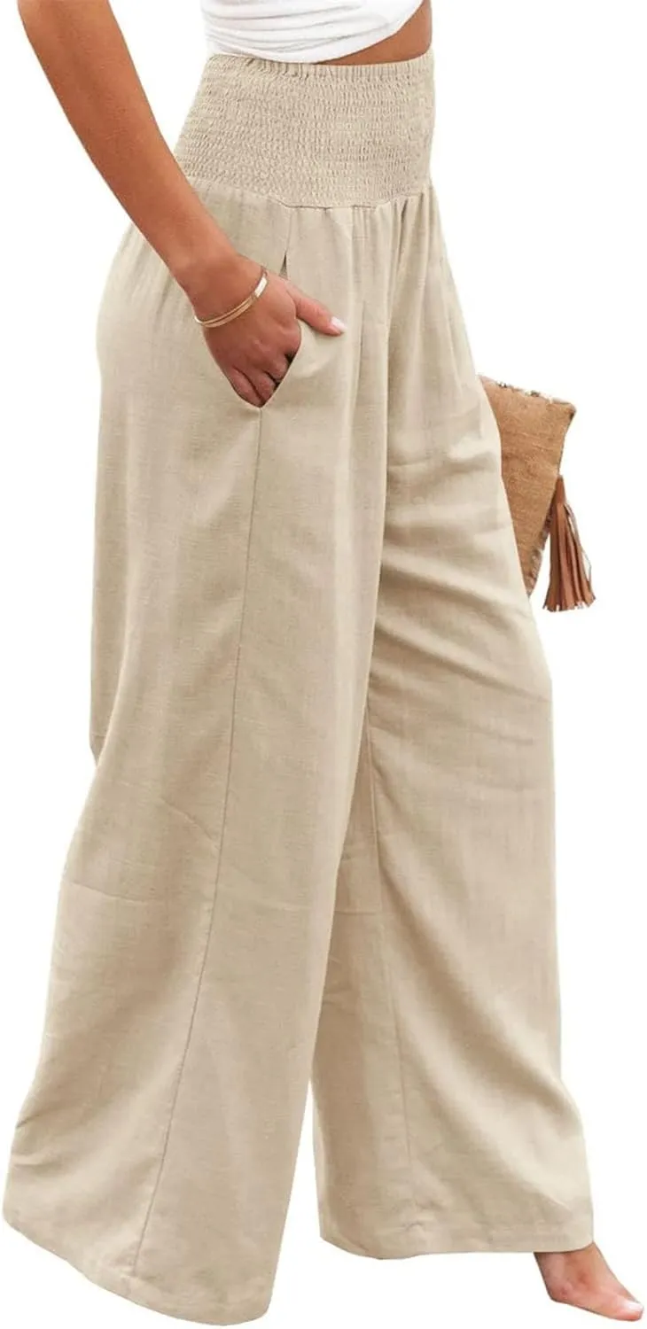 GLIENST Womens Linen Wide Leg Palazzo Pants High Waisted Smocked Lounge Trousers with Pockets S-2XL