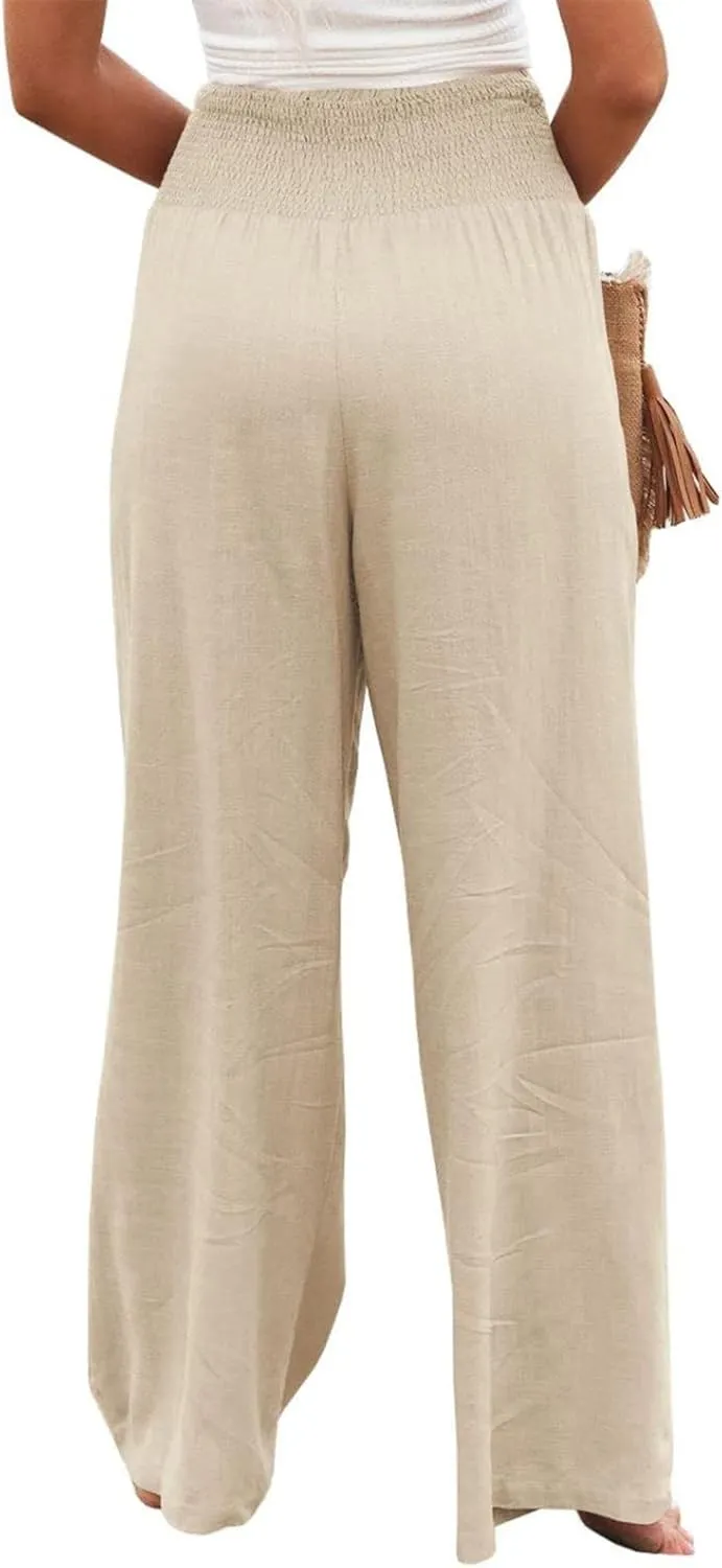 GLIENST Womens Linen Wide Leg Palazzo Pants High Waisted Smocked Lounge Trousers with Pockets S-2XL
