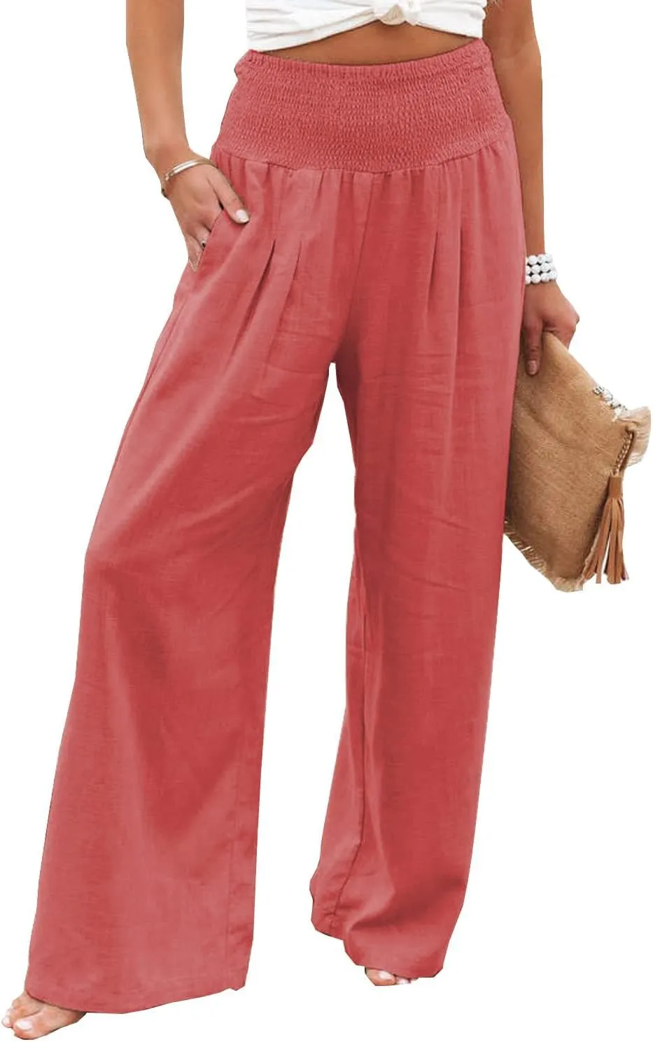 GLIENST Womens Linen Wide Leg Palazzo Pants High Waisted Smocked Lounge Trousers with Pockets S-2XL
