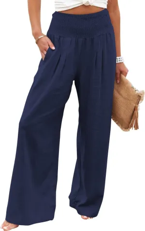 GLIENST Womens Linen Wide Leg Palazzo Pants High Waisted Smocked Lounge Trousers with Pockets S-2XL