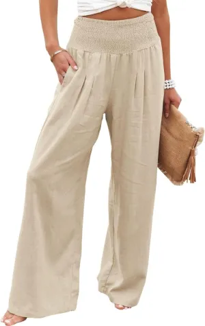 GLIENST Womens Linen Wide Leg Palazzo Pants High Waisted Smocked Lounge Trousers with Pockets S-2XL