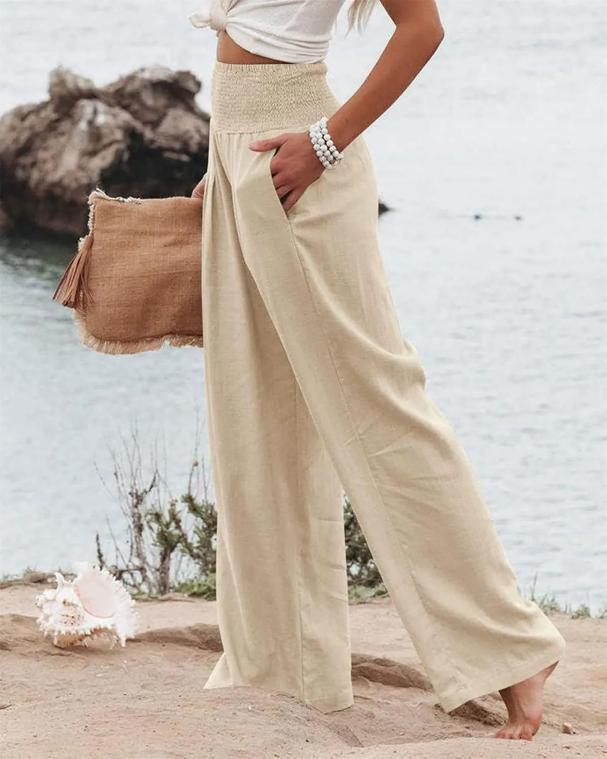 GLIENST Womens Linen Wide Leg Palazzo Pants High Waisted Smocked Lounge Trousers with Pockets S-2XL