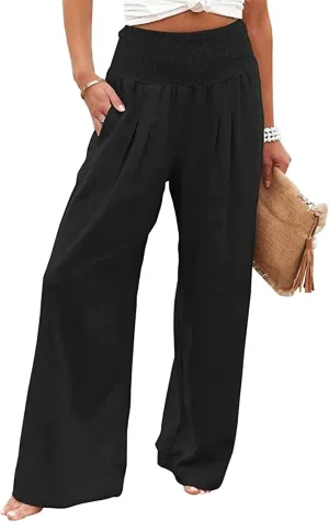 GLIENST Womens Linen Wide Leg Palazzo Pants High Waisted Smocked Lounge Trousers with Pockets S-2XL