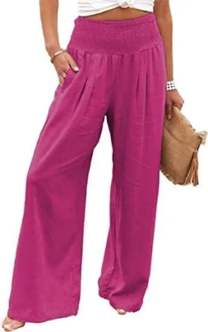GLIENST Womens Linen Wide Leg Palazzo Pants High Waisted Smocked Lounge Trousers with Pockets S-2XL