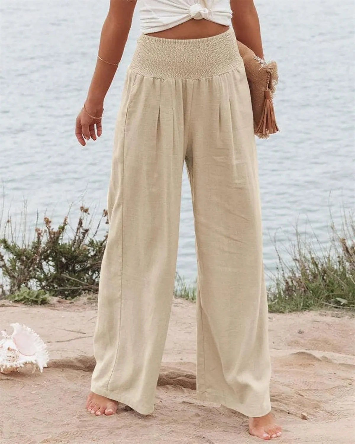 GLIENST Womens Linen Wide Leg Palazzo Pants High Waisted Smocked Lounge Trousers with Pockets S-2XL
