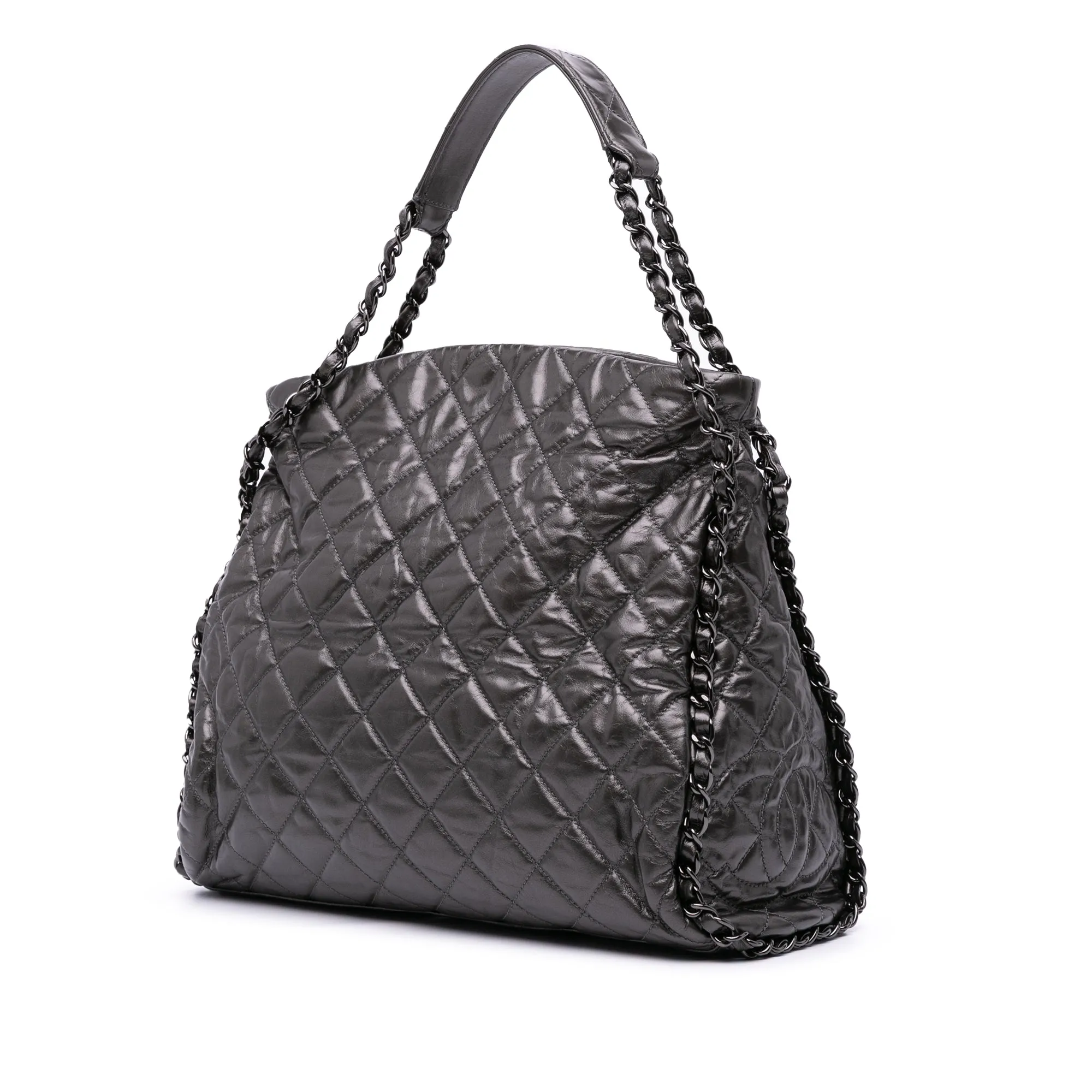 Gray Chanel Large Quilted Metallic Calfskin Chain Me Hobo Tote Bag
