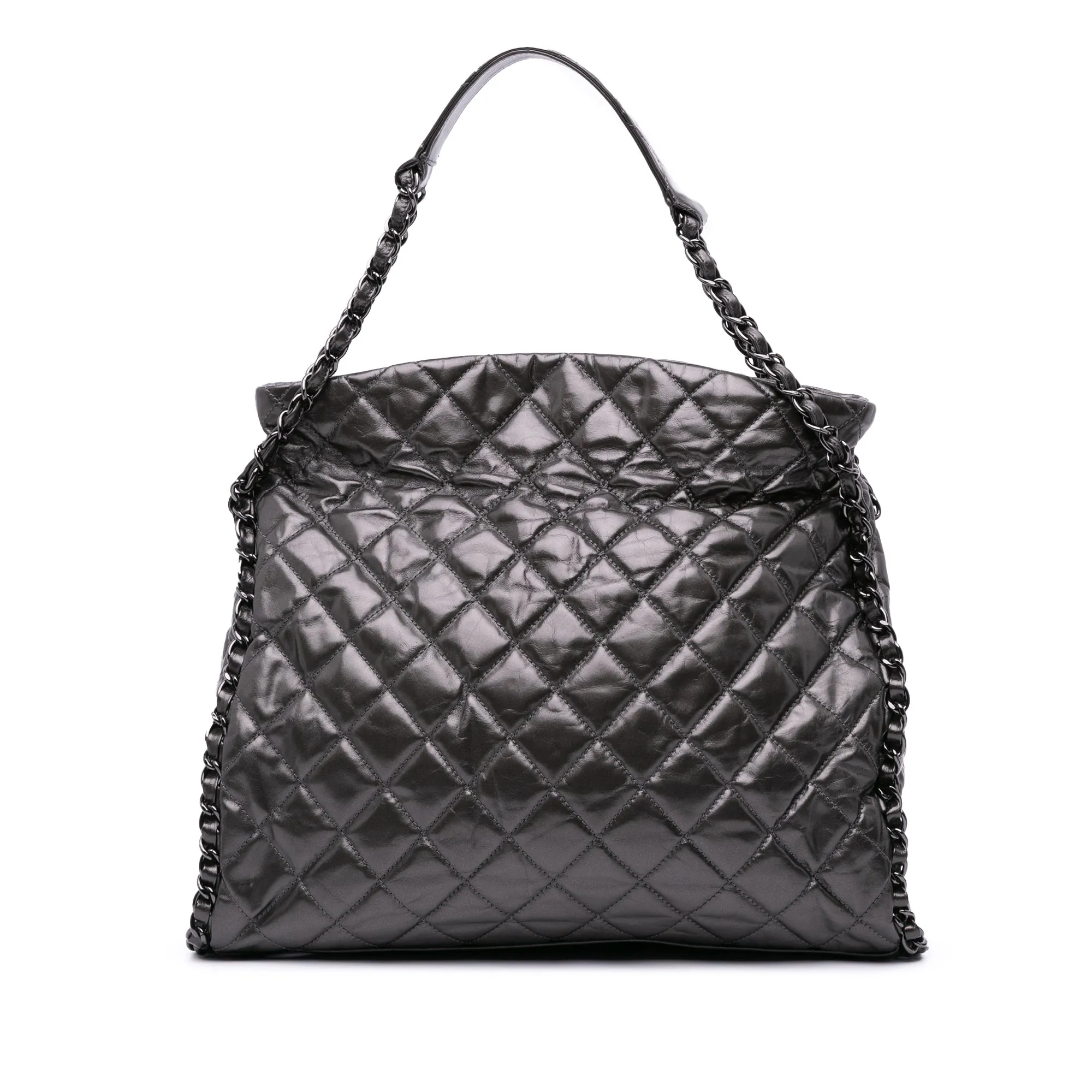 Gray Chanel Large Quilted Metallic Calfskin Chain Me Hobo Tote Bag