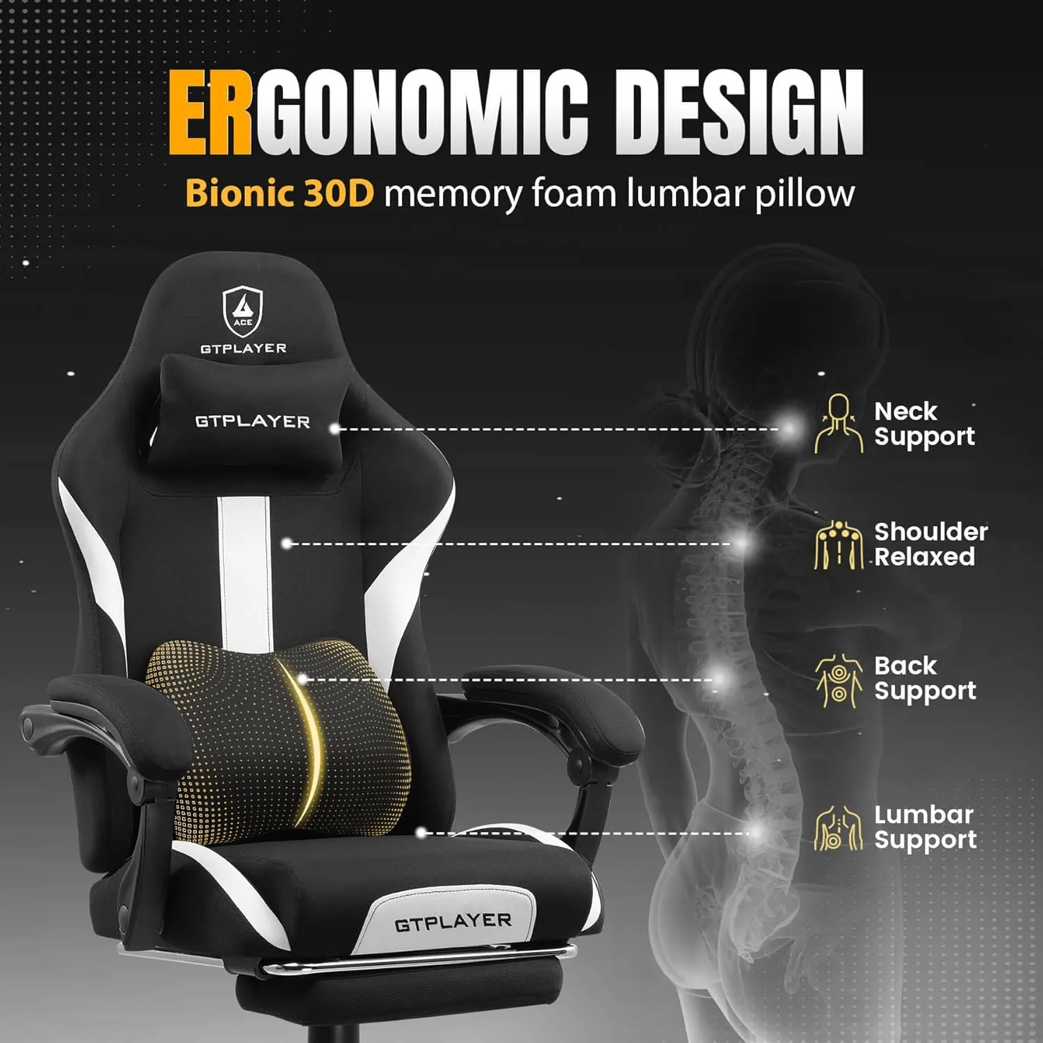 GTRACING Gaming Chair Ergonomic Office Chair with Foot Rest & Pocket Spring Cushion, High Back Computer Desk Chair with Headrest & Lumbar Support, Breathable Fabric Game Chair for Adults, Black