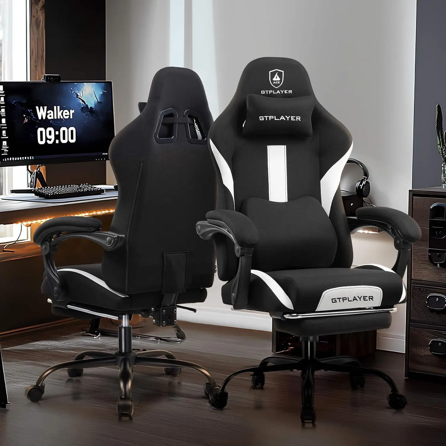 GTRACING Gaming Chair Ergonomic Office Chair with Foot Rest & Pocket Spring Cushion, High Back Computer Desk Chair with Headrest & Lumbar Support, Breathable Fabric Game Chair for Adults, Black
