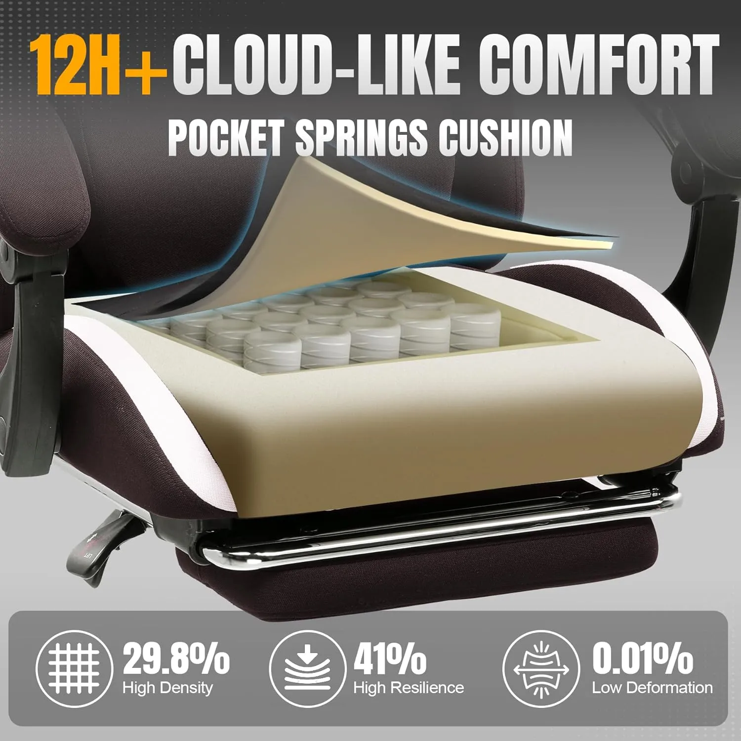 GTRACING Gaming Chair Ergonomic Office Chair with Foot Rest & Pocket Spring Cushion, High Back Computer Desk Chair with Headrest & Lumbar Support, Breathable Fabric Game Chair for Adults, Brown