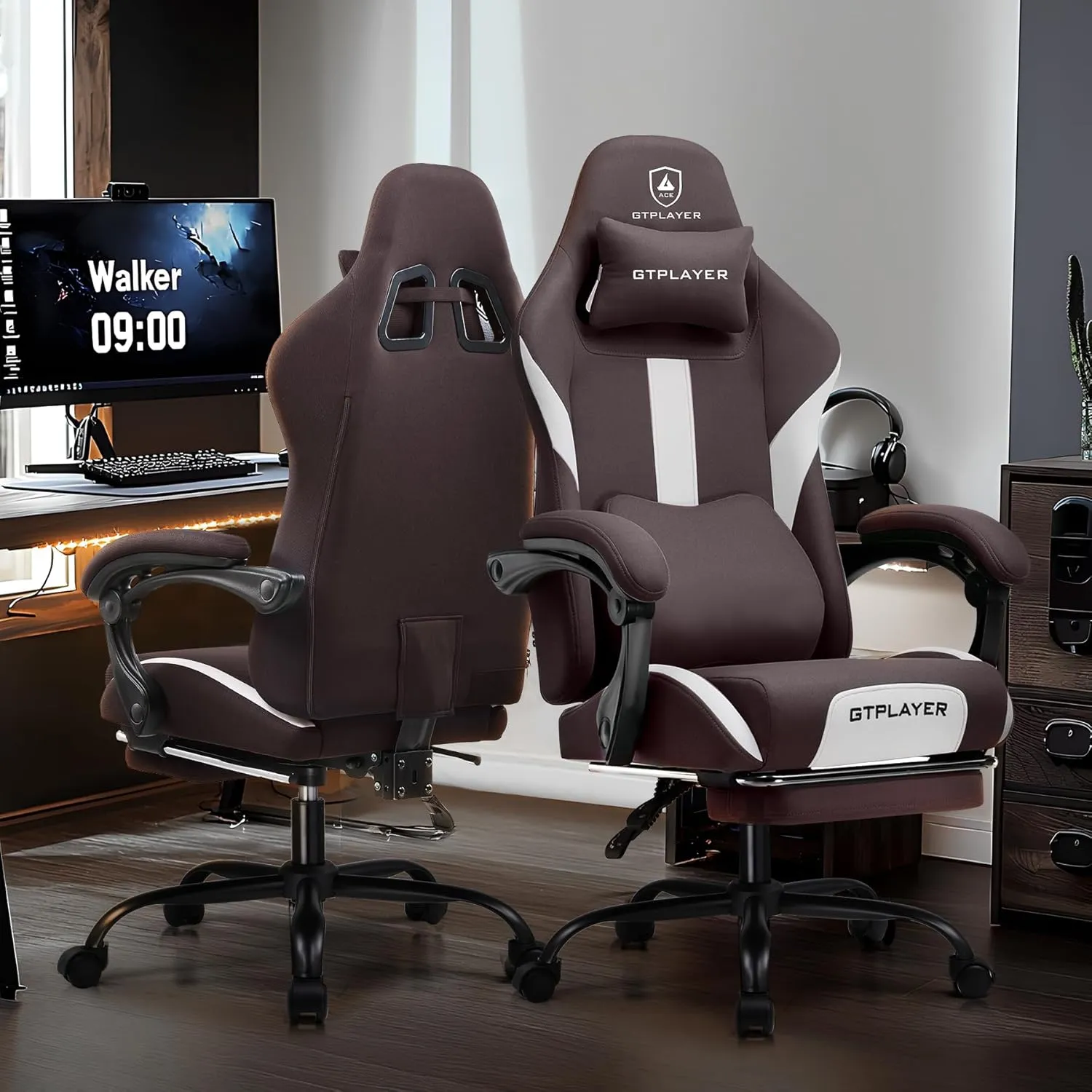 GTRACING Gaming Chair Ergonomic Office Chair with Foot Rest & Pocket Spring Cushion, High Back Computer Desk Chair with Headrest & Lumbar Support, Breathable Fabric Game Chair for Adults, Brown