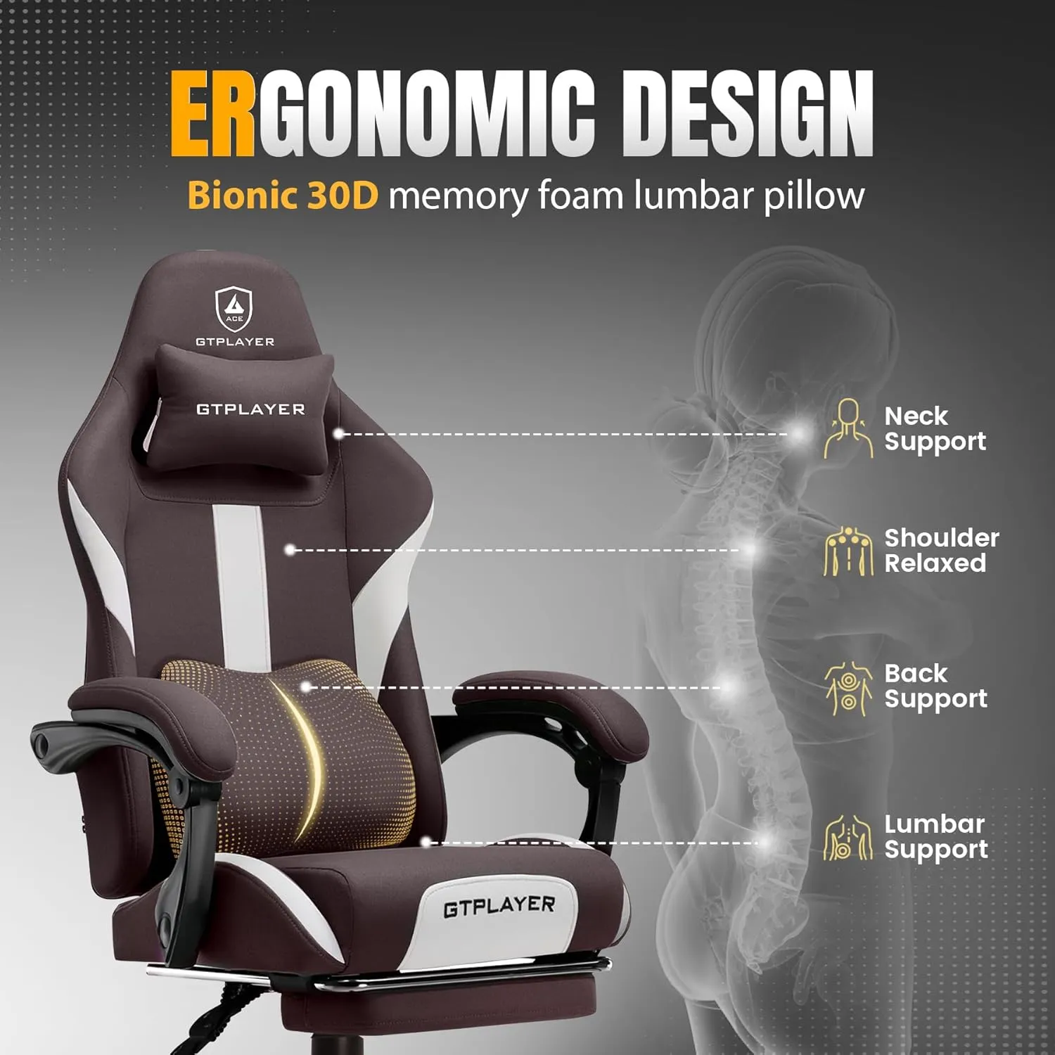 GTRACING Gaming Chair Ergonomic Office Chair with Foot Rest & Pocket Spring Cushion, High Back Computer Desk Chair with Headrest & Lumbar Support, Breathable Fabric Game Chair for Adults, Brown