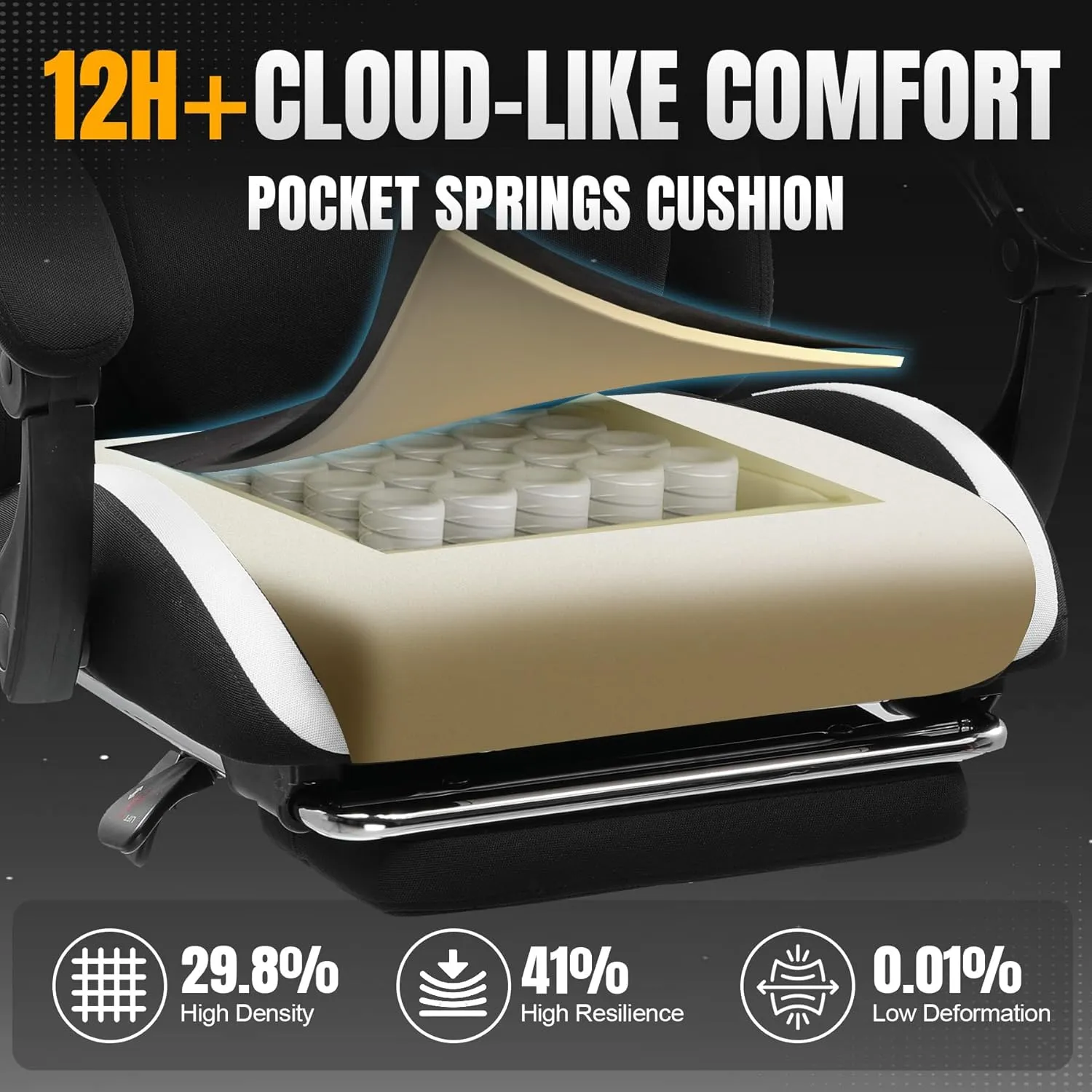 GTRACING Gaming Chair Ergonomic Office Chair with Foot Rest & Pocket Spring Cushion, High Back Computer Desk Chair with Headrest & Lumbar Support, Breathable Fabric Game Chair for Adults, Coal-Black