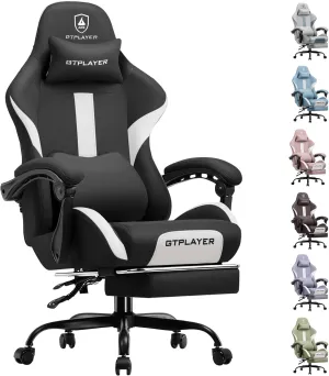 GTRACING Gaming Chair Ergonomic Office Chair with Foot Rest & Pocket Spring Cushion, High Back Computer Desk Chair with Headrest & Lumbar Support, Breathable Fabric Game Chair for Adults, Coal-Black