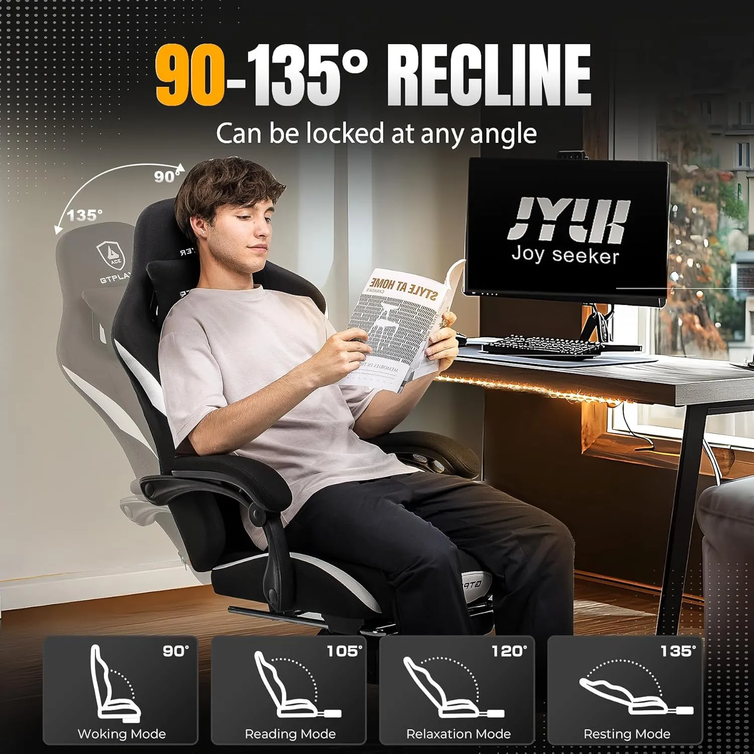 GTRACING Gaming Chair Ergonomic Office Chair with Foot Rest & Pocket Spring Cushion, High Back Computer Desk Chair with Headrest & Lumbar Support, Breathable Fabric Game Chair for Adults, Coal-Black