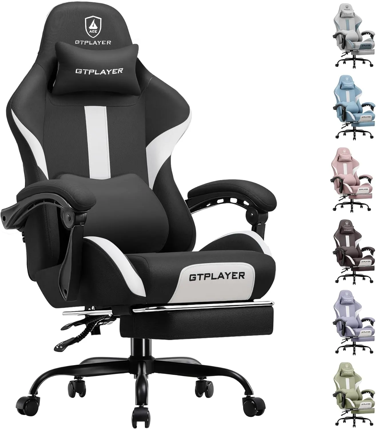 GTRACING Gaming Chair Ergonomic Office Chair with Foot Rest & Pocket Spring Cushion, High Back Computer Desk Chair with Headrest & Lumbar Support, Breathable Fabric Game Chair for Adults, Coal-Black